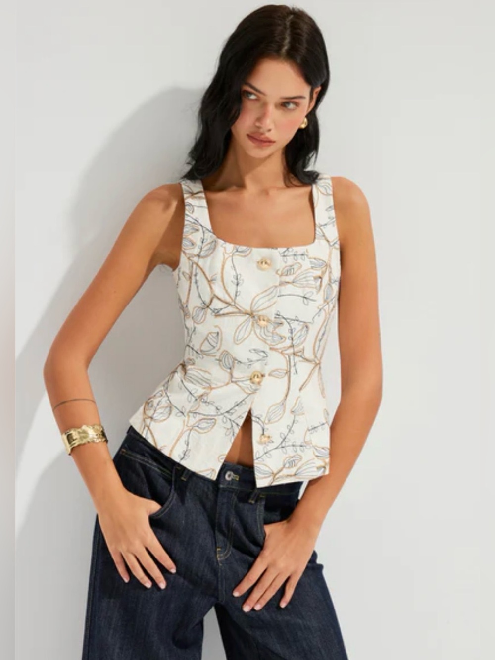 Commense White Floral embroidered Square-Neck top